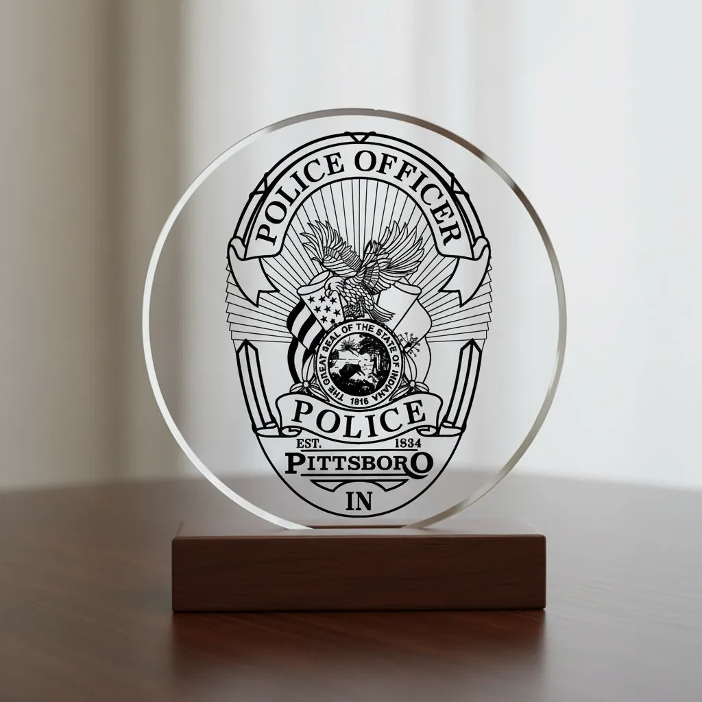 Pittsboro Police Officer Badge SVG

Indiana Law Enforcement Vector Design

Eagle and Flags Police Badge Engraving File

Pittsboro IN Police Sign CNC File

State of Indiana Seal Vector for Laser Cutting