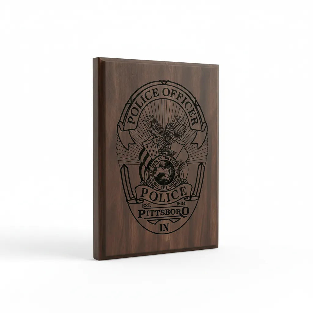 Pittsboro Police Officer Badge SVG

Indiana Law Enforcement Vector Design

Eagle and Flags Police Badge Engraving File

Pittsboro IN Police Sign CNC File

State of Indiana Seal Vector for Laser Cutting