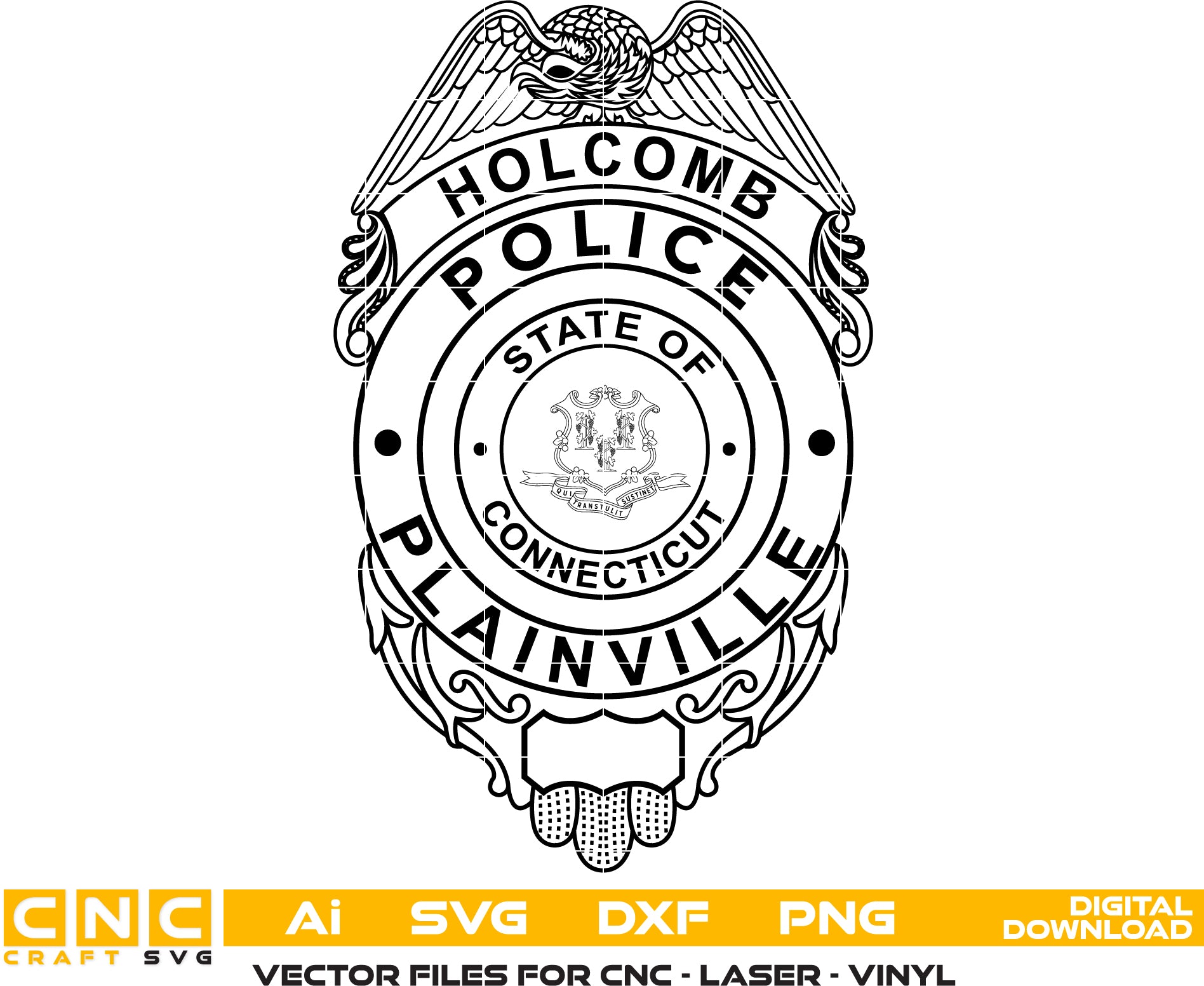 Plainville Holcomb Police Badge SVG

Connecticut Law Enforcement Vector Design

Eagle Police Badge Engraving File

Plainville Police Sign CNC File

Connecticut State Seal Badge Vector for Laser Cutting