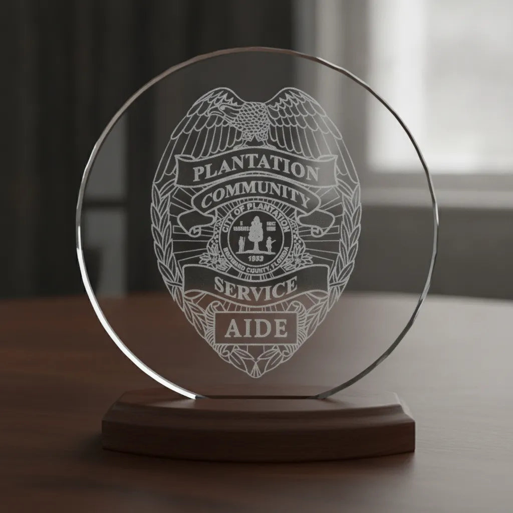 Plantation FL Community Service Aide Badge SVG

Florida Civic Service Shield Vector

City of Plantation Seal Engraving File

Eagle Topped Aide Badge Sign CNC File

Community Service Shield Vector for Lasers