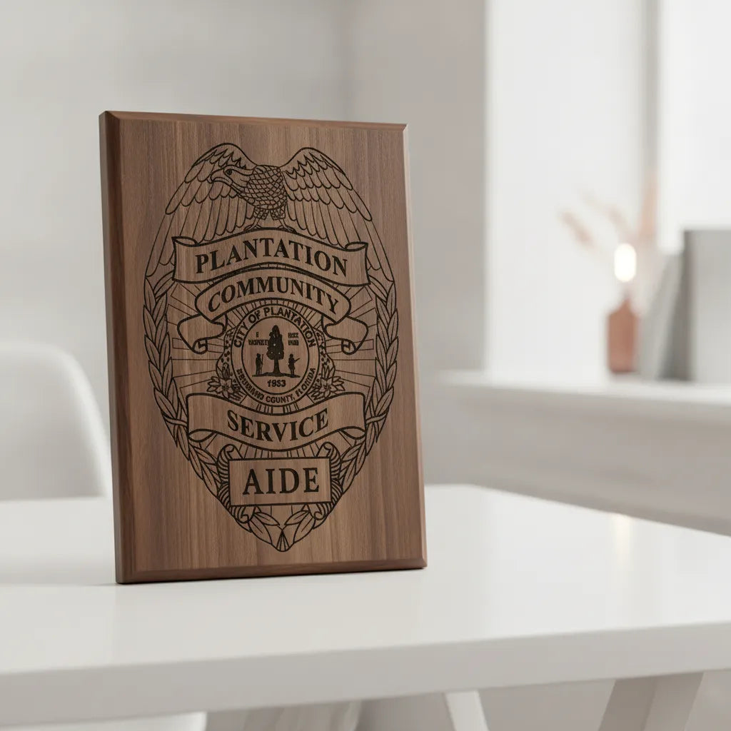 Plantation FL Community Service Aide Badge SVG

Florida Civic Service Shield Vector

City of Plantation Seal Engraving File

Eagle Topped Aide Badge Sign CNC File

Community Service Shield Vector for Lasers