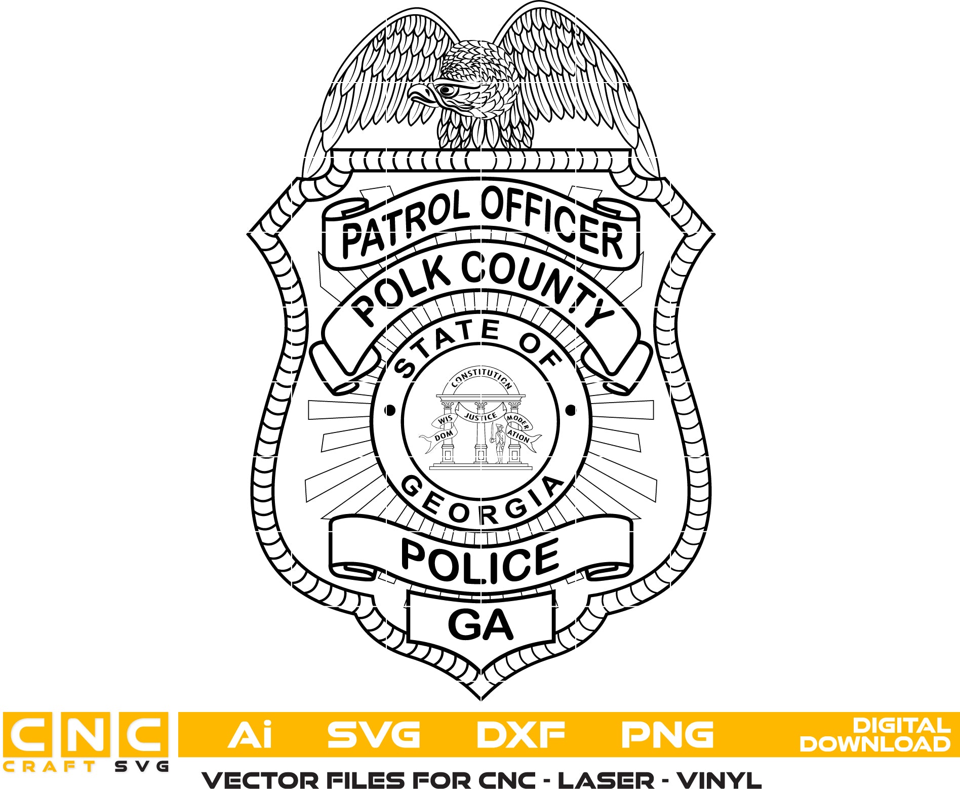 Polk County Police Patrol Officer Badge SVG

Georgia Law Enforcement Vector Design

Eagle Police Badge Engraving File

Polk County Police Sign CNC File

State of Georgia Seal Badge Vector for Laser Cutting