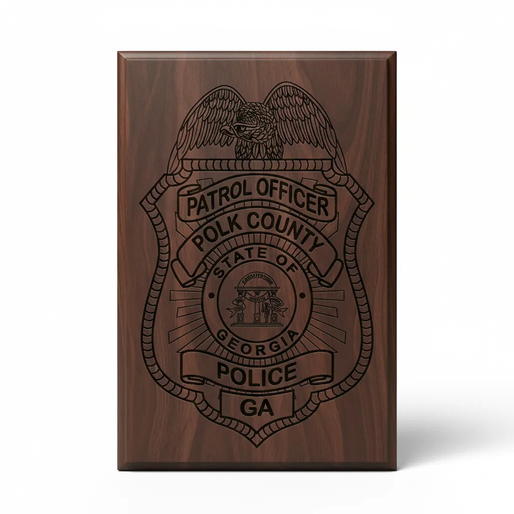 Polk County Police Patrol Officer Badge SVG

Georgia Law Enforcement Vector Design

Eagle Police Badge Engraving File

Polk County Police Sign CNC File

State of Georgia Seal Badge Vector for Laser Cutting