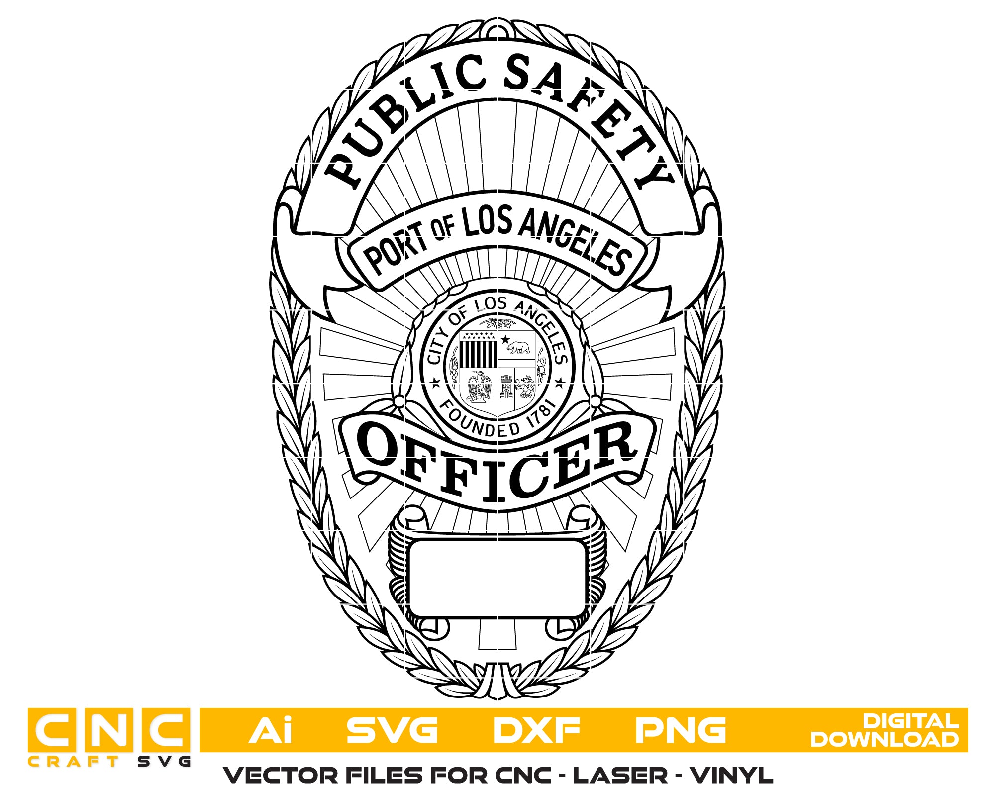 Port of Los Angeles Public Safety Badge SVG

California Law Enforcement Vector Design

Oval Port Authority Badge Engraving File

Port of LA Public Safety Sign CNC File

City of Los Angeles Seal Vector for Laser Cutting