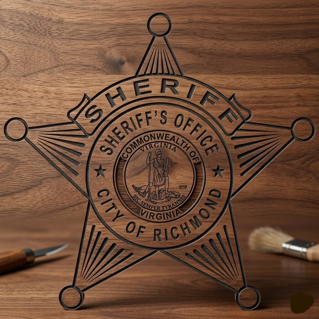 City of Richmond Sheriff's Office Badge SVG for CNC

Richmond VA Sheriff Badge Vector for Laser Engraving

City of Richmond Virginia Sheriff Emblem for Wood Carving

Professional Richmond VA Law Enforcement Shield Design

Richmond Sheriff SVG Logo for CNC Router Projects