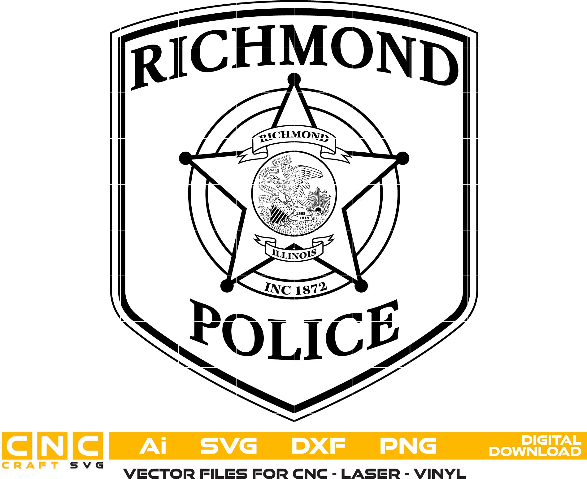 Richmond Police Badge SVG

Illinois Law Enforcement Vector Design

Police Shield Badge Engraving File

Richmond IL Police Sign CNC File

5-Point Star Badge Vector for Laser Cutting