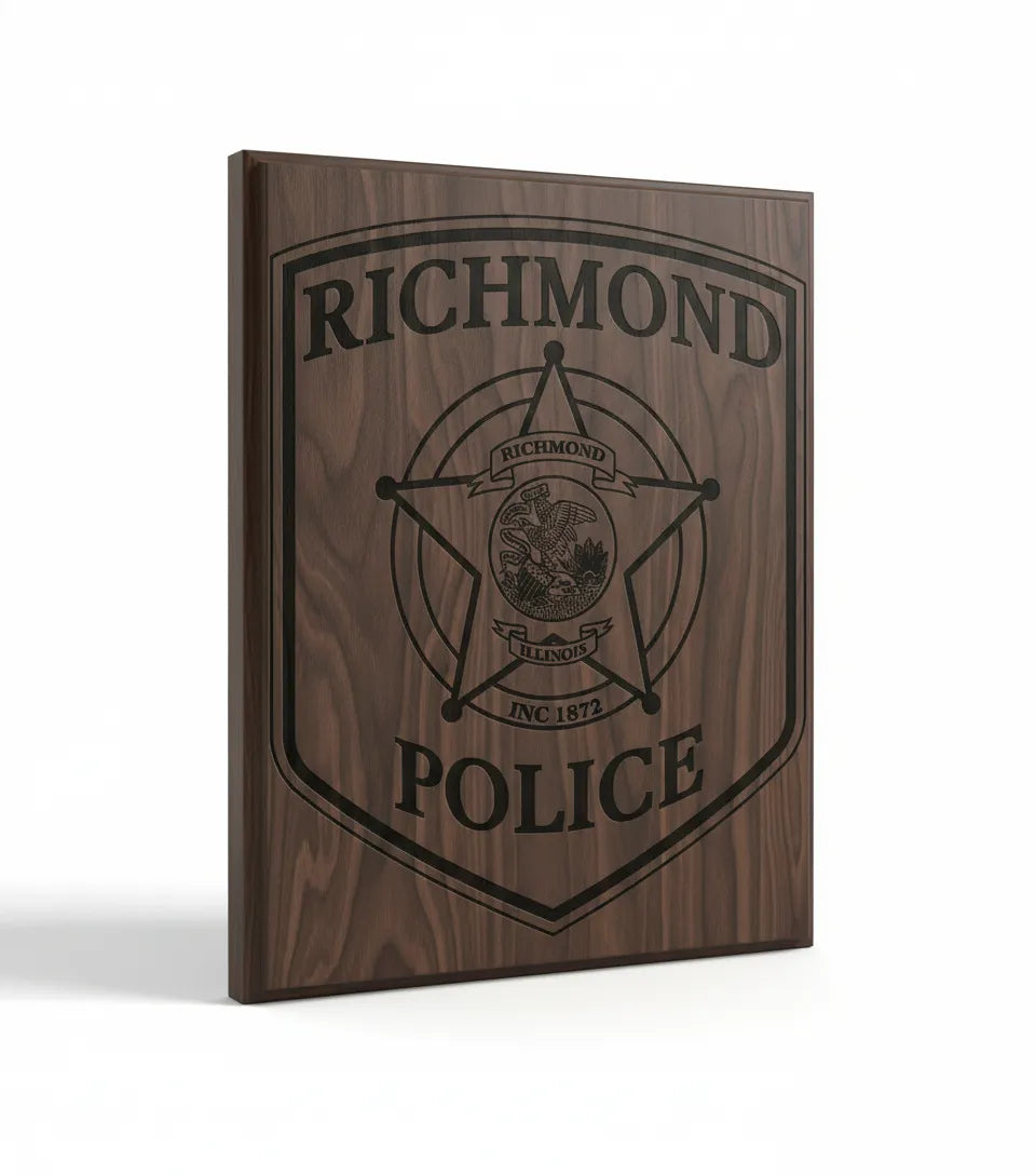 Richmond Police Badge SVG

Illinois Law Enforcement Vector Design

Police Shield Badge Engraving File

Richmond IL Police Sign CNC File

5-Point Star Badge Vector for Laser Cutting