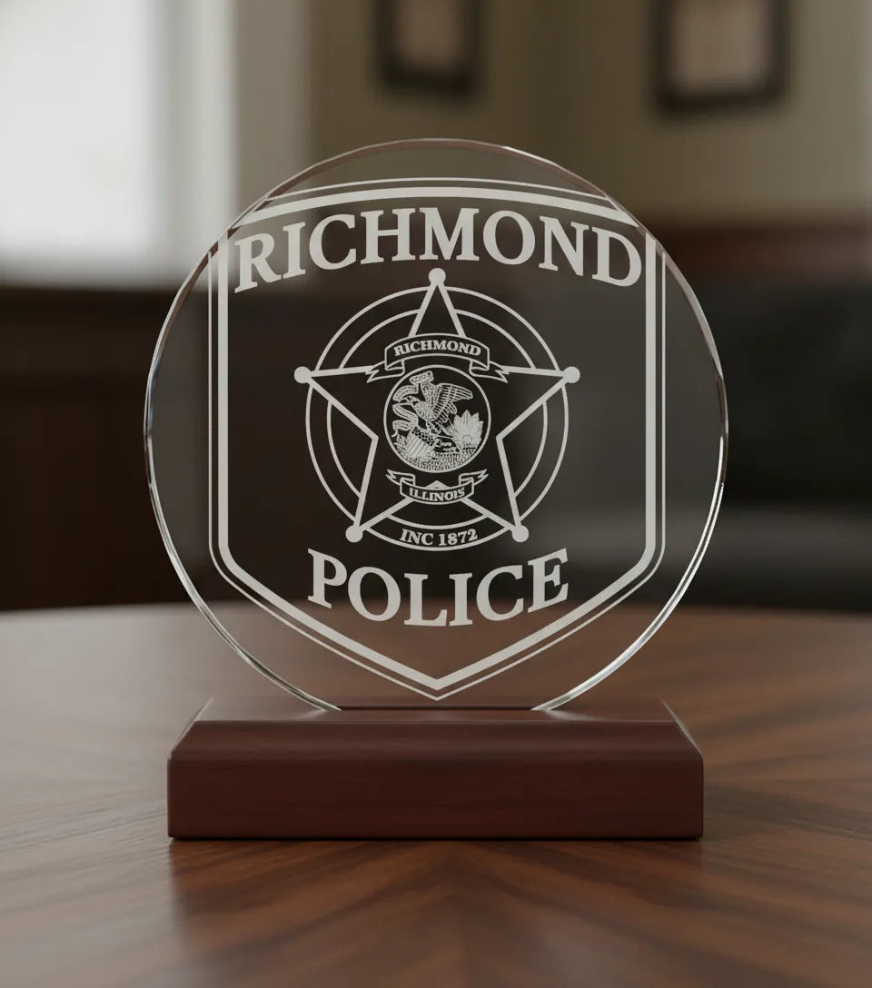 Richmond Police Badge SVG

Illinois Law Enforcement Vector Design

Police Shield Badge Engraving File

Richmond IL Police Sign CNC File

5-Point Star Badge Vector for Laser Cutting