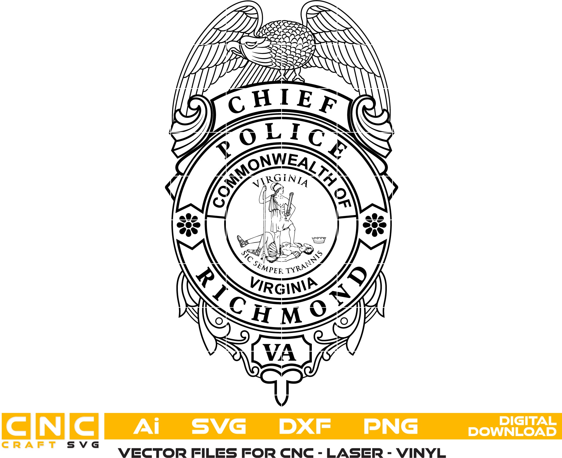 Richmond Police Chief Badge SVG

Virginia Law Enforcement Vector Design

Police Chief Badge Engraving File

Richmond VA Police Sign CNC File

Commonwealth of Virginia Seal Vector for Laser Cutting