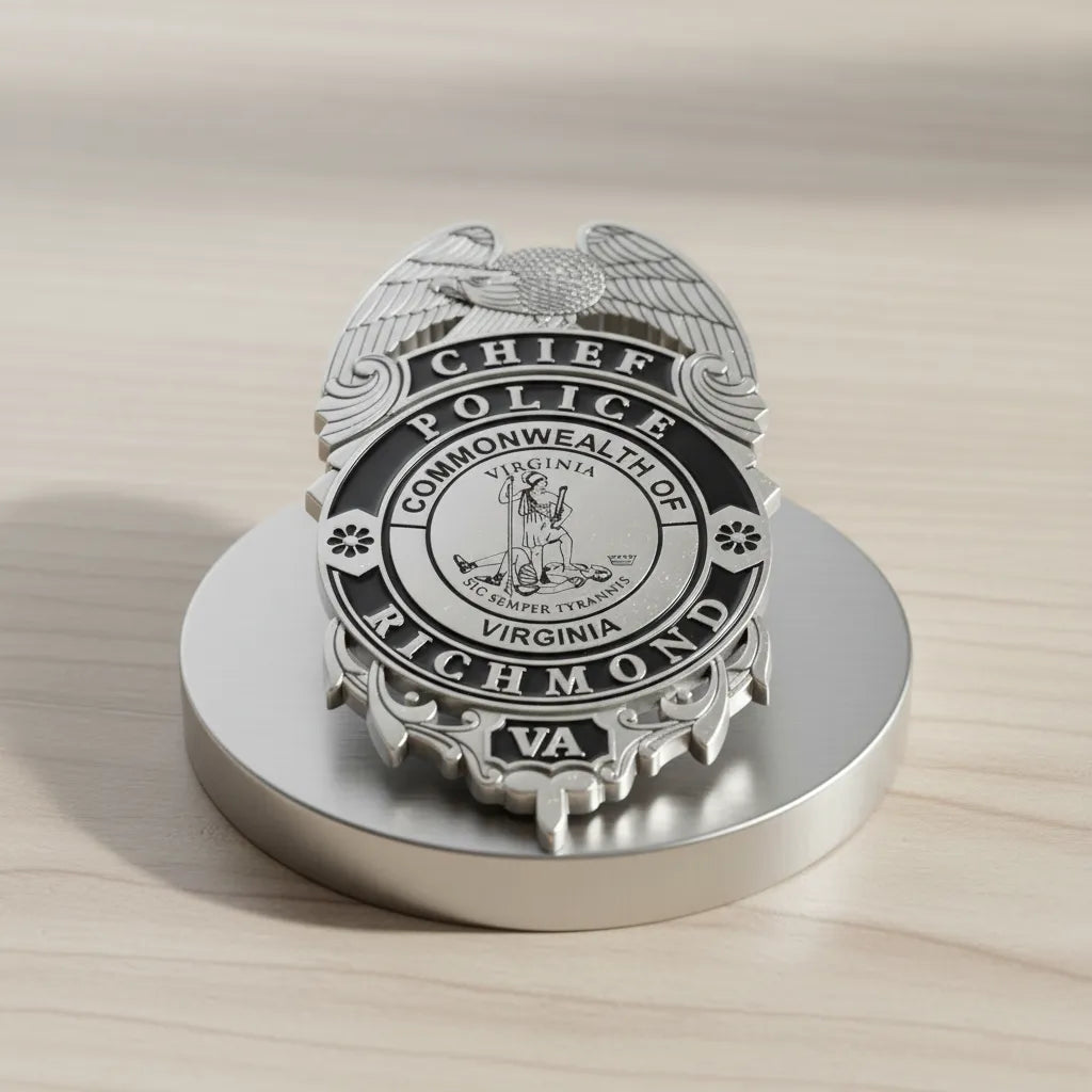 Richmond Police Chief Badge SVG

Virginia Law Enforcement Vector Design

Police Chief Badge Engraving File

Richmond VA Police Sign CNC File

Commonwealth of Virginia Seal Vector for Laser Cutting