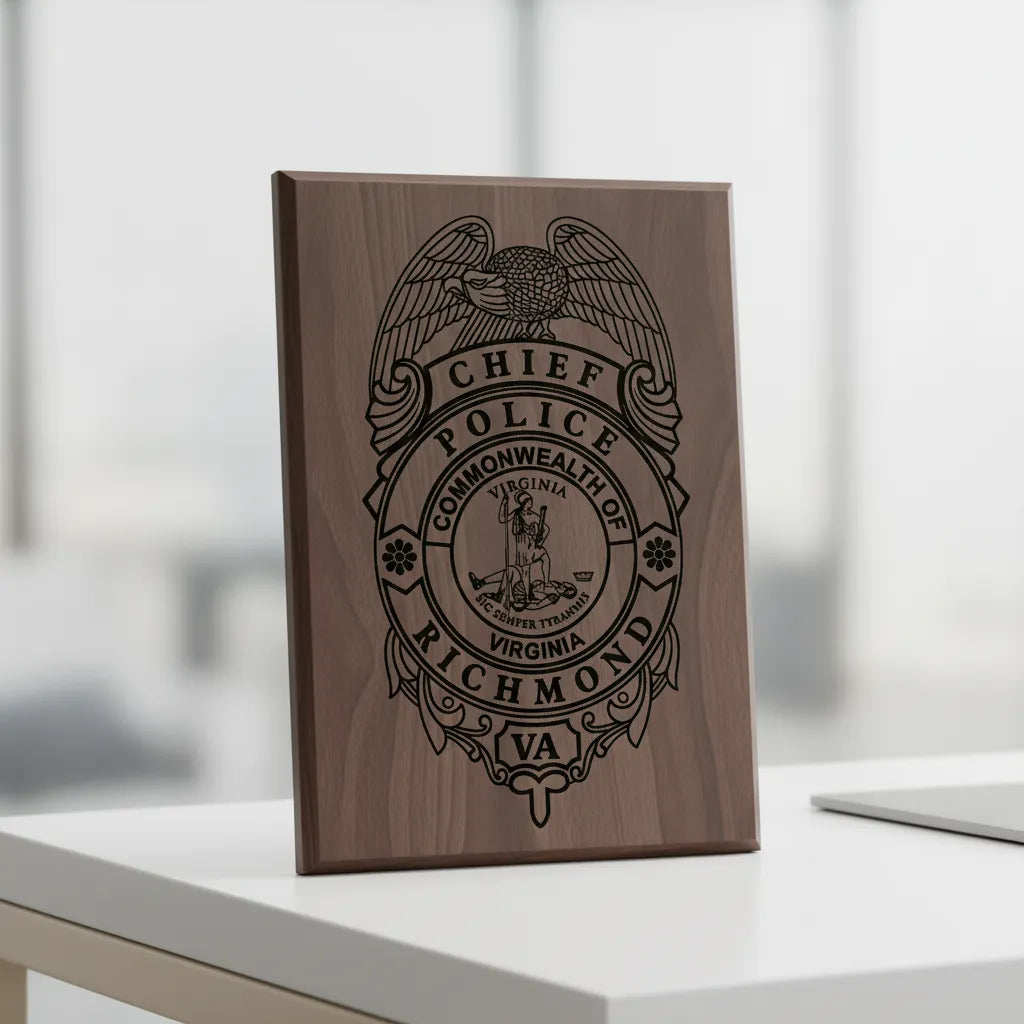 Richmond Police Chief Badge SVG

Virginia Law Enforcement Vector Design

Police Chief Badge Engraving File

Richmond VA Police Sign CNC File

Commonwealth of Virginia Seal Vector for Laser Cutting