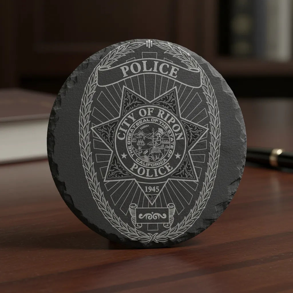 Ripon Police Badge SVG

California Law Enforcement Vector

5-Point Star Oval Police Emblem

Officer Plaque Engraving File

Ripon Police Sign CNC File