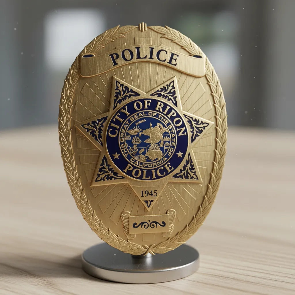 Ripon Police Badge SVG

California Law Enforcement Vector

5-Point Star Oval Police Emblem

Officer Plaque Engraving File

Ripon Police Sign CNC File