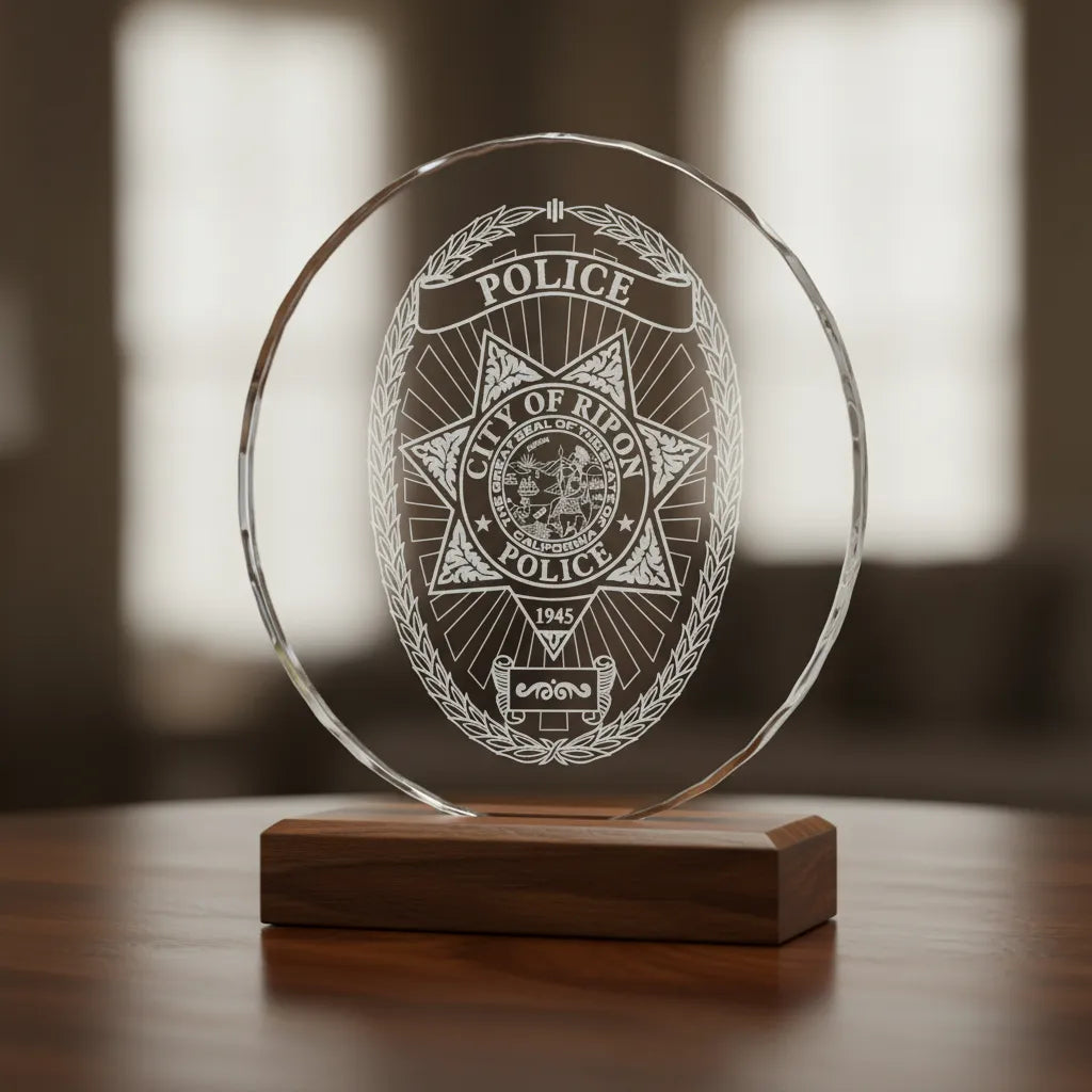 Ripon Police Badge SVG

California Law Enforcement Vector

5-Point Star Oval Police Emblem

Officer Plaque Engraving File

Ripon Police Sign CNC File