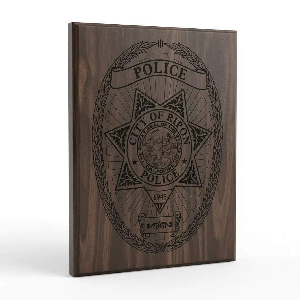 Ripon Police Badge SVG

California Law Enforcement Vector

5-Point Star Oval Police Emblem

Officer Plaque Engraving File

Ripon Police Sign CNC File