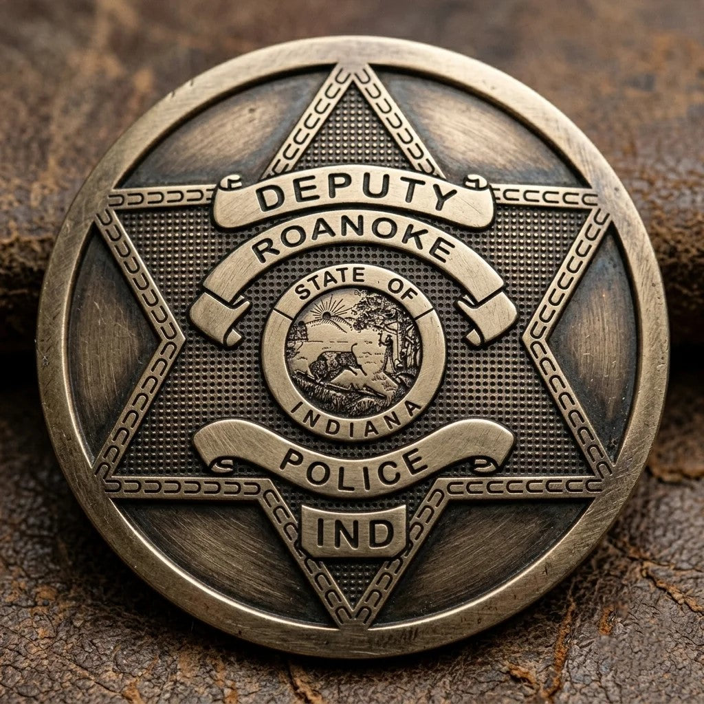 Roanoke County Deputy Police Badge SVG

Indiana Law Enforcement Vector

Police 6-Point Star State Seal Emblem

Deputy Plaque Engraving File

Roanoke Police Sign CNC File