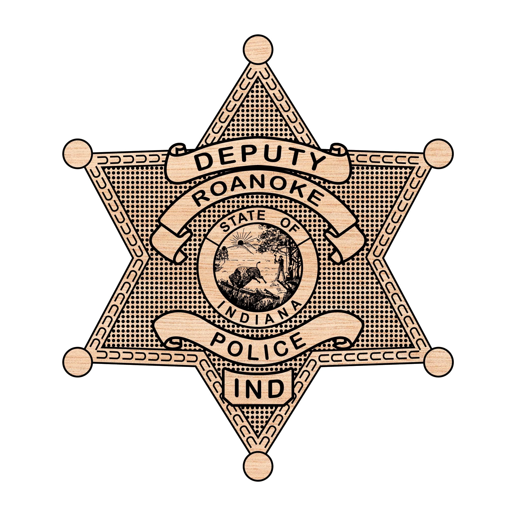 Roanoke County Deputy Police Badge SVG

Indiana Law Enforcement Vector

Police 6-Point Star State Seal Emblem

Deputy Plaque Engraving File

Roanoke Police Sign CNC File