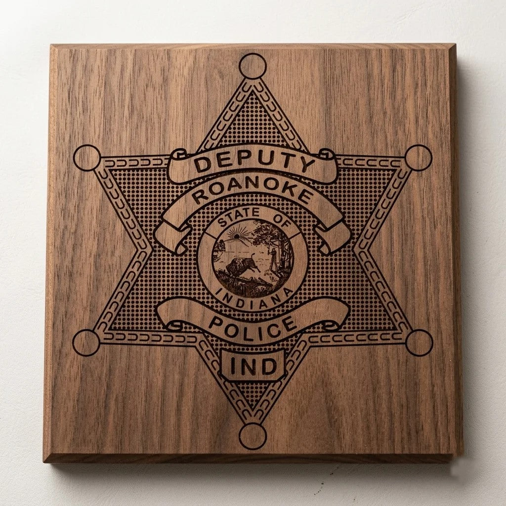 Roanoke County Deputy Police Badge SVG

Indiana Law Enforcement Vector

Police 6-Point Star State Seal Emblem

Deputy Plaque Engraving File

Roanoke Police Sign CNC File