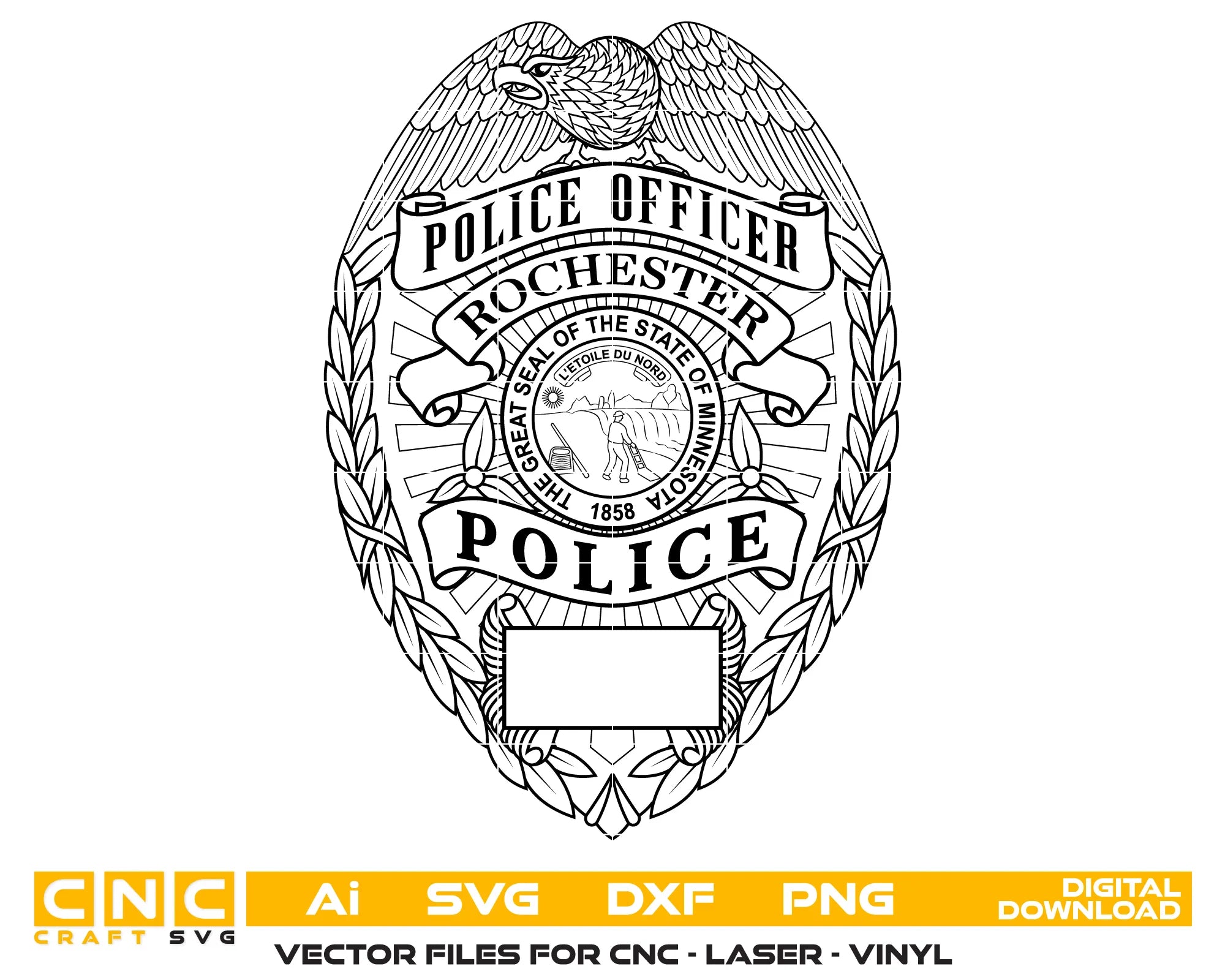 Rochester Police Officer Badge SVG

Minnesota Law Enforcement Vector Design

Eagle Police Badge Engraving File

Rochester MN Police Sign CNC File

State of Minnesota Seal Vector for Laser Cutting