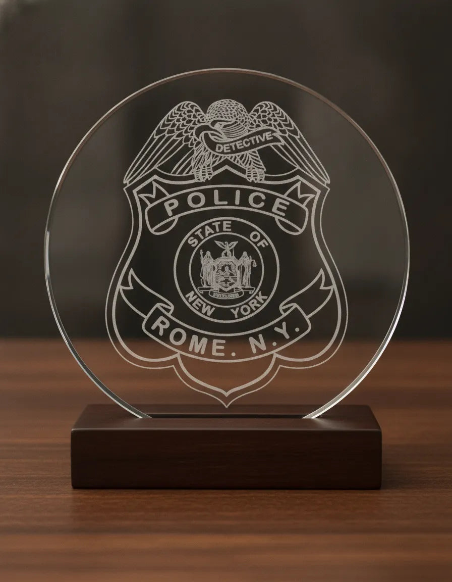 Rome NY Police Detective Badge SVG

New York Law Enforcement Shield Vector

State of New York Seal Engraving File

Eagle Topped Police Badge Sign CNC File

Detective Shield Vector for Lasers