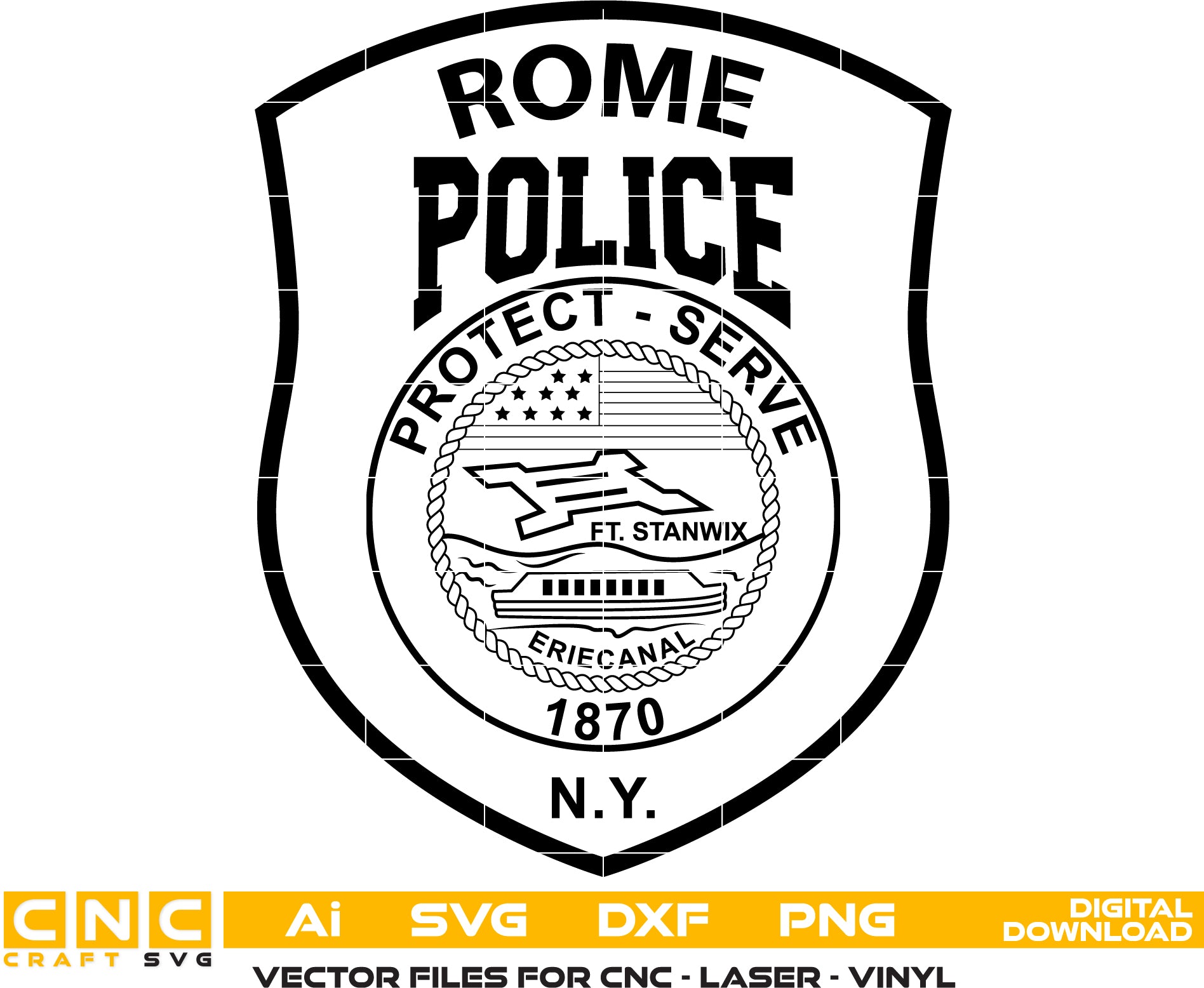 Rome Police Department Patch SVG

New York Law Enforcement Vector Design

Ft Stanwix and Erie Canal Engraving File

Rome NY Police Sign CNC File

Police Shield Patch Vector for Laser Cutting
