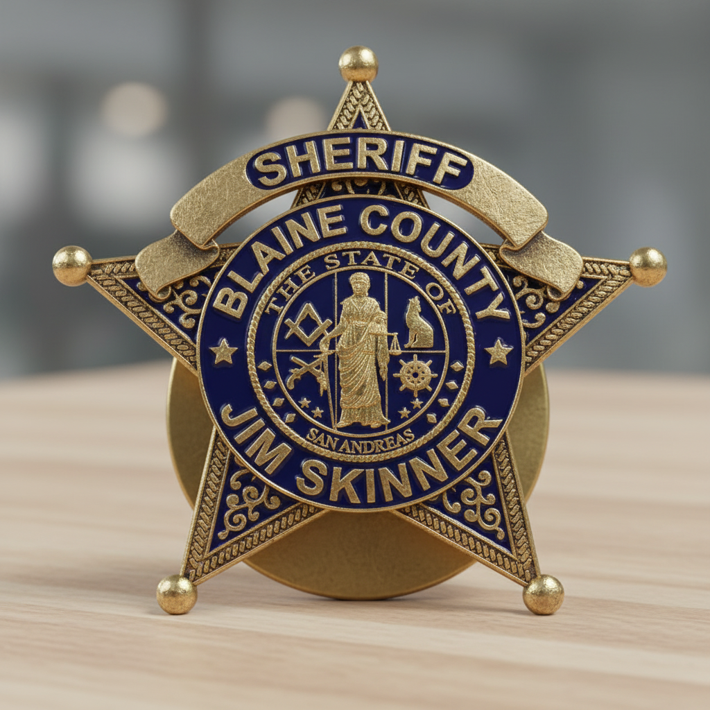 Blaine County Sheriff Badge SVG

San Andreas Law Enforcement Vector

Fictional Sheriff 6-Point Star Emblem

Gaming Community Plaque Engraving Design

Jim Skinner Badge CNC Vector File