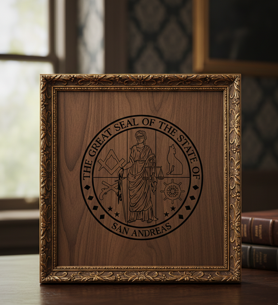 Great Seal of San Andreas SVG

San Andreas State Emblem Vector

Lady Justice Gamer Logo Design

Wolf and Masonic Square Shield

San Andreas Roleplay Badge CNC File