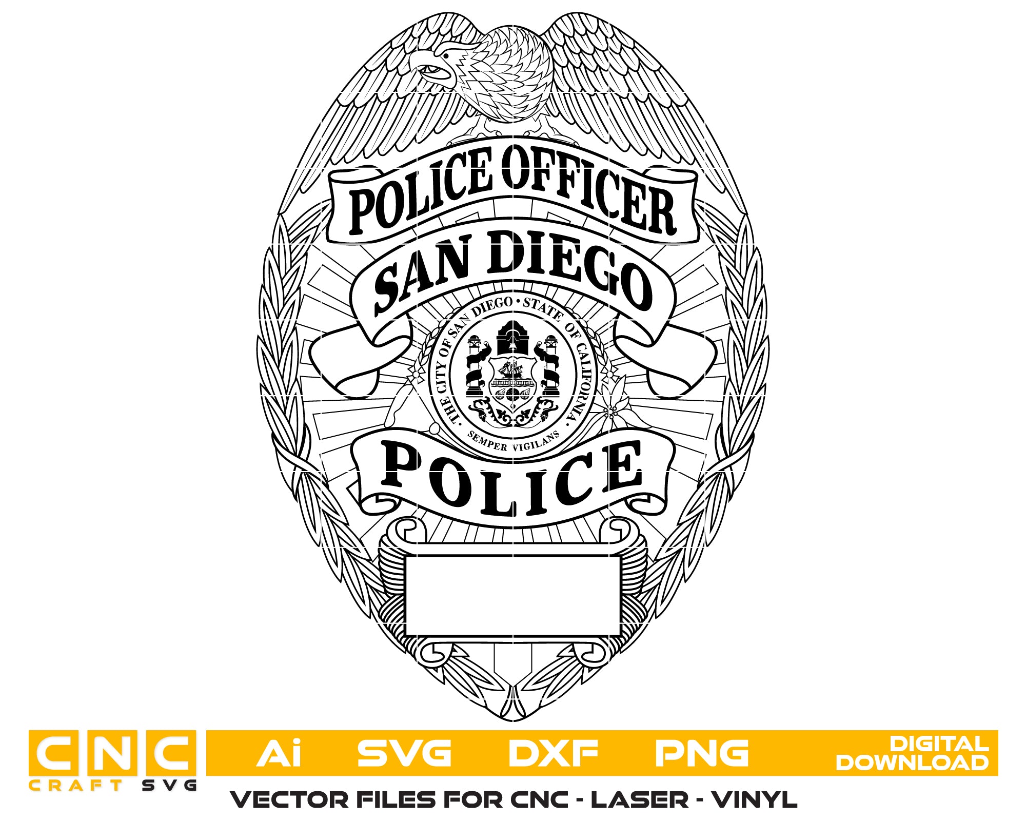 San Diego Police Officer Badge SVG

California Law Enforcement Vector Design

Eagle Police Badge Engraving File

San Diego Police Sign CNC File

City of San Diego Seal Vector for Laser Cutting