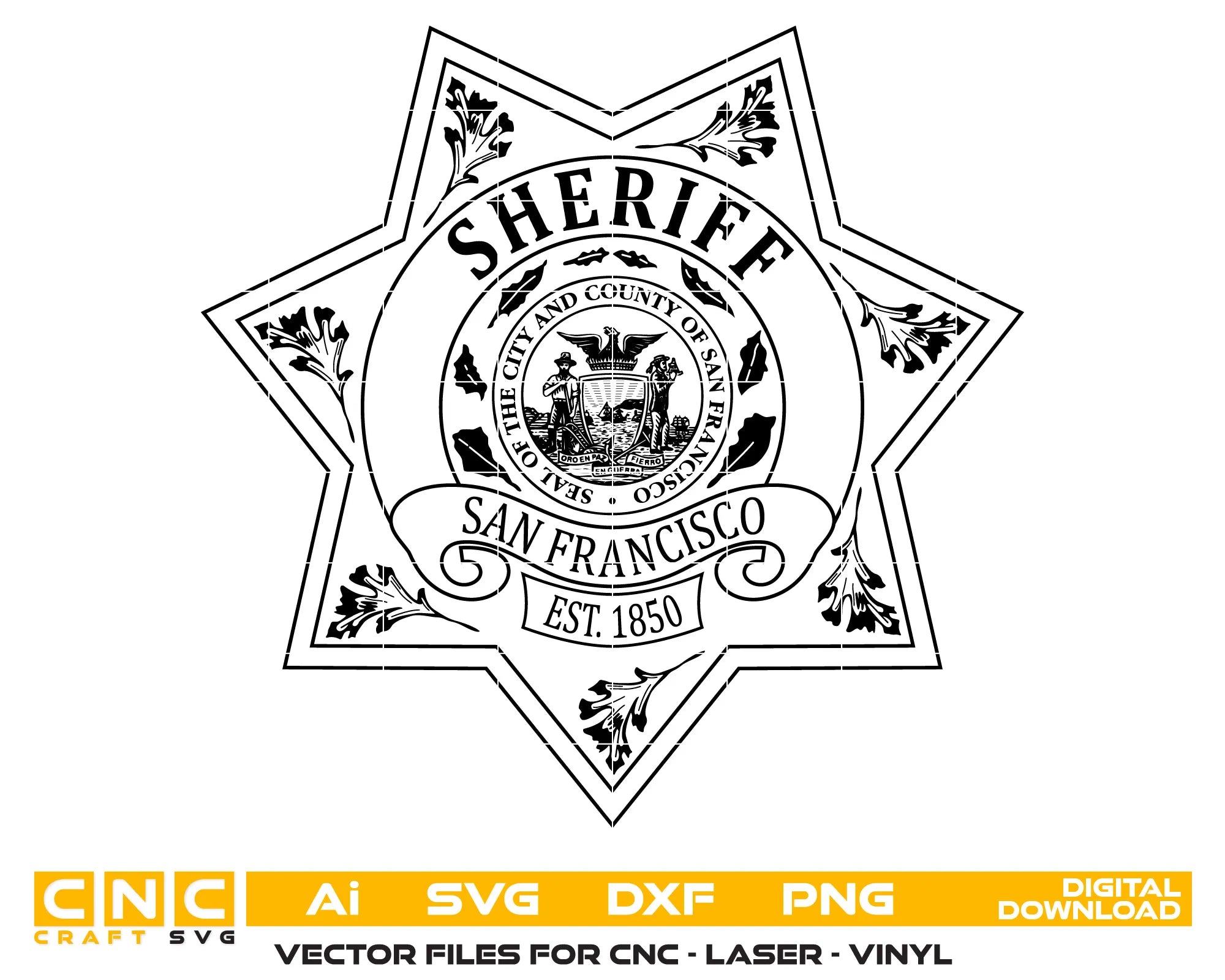 San Francisco Sheriff Badge SVG

California Law Enforcement Vector

7-Point Star Sheriff Emblem

Deputy Plaque Engraving File

San Francisco Sheriff Sign CNC File