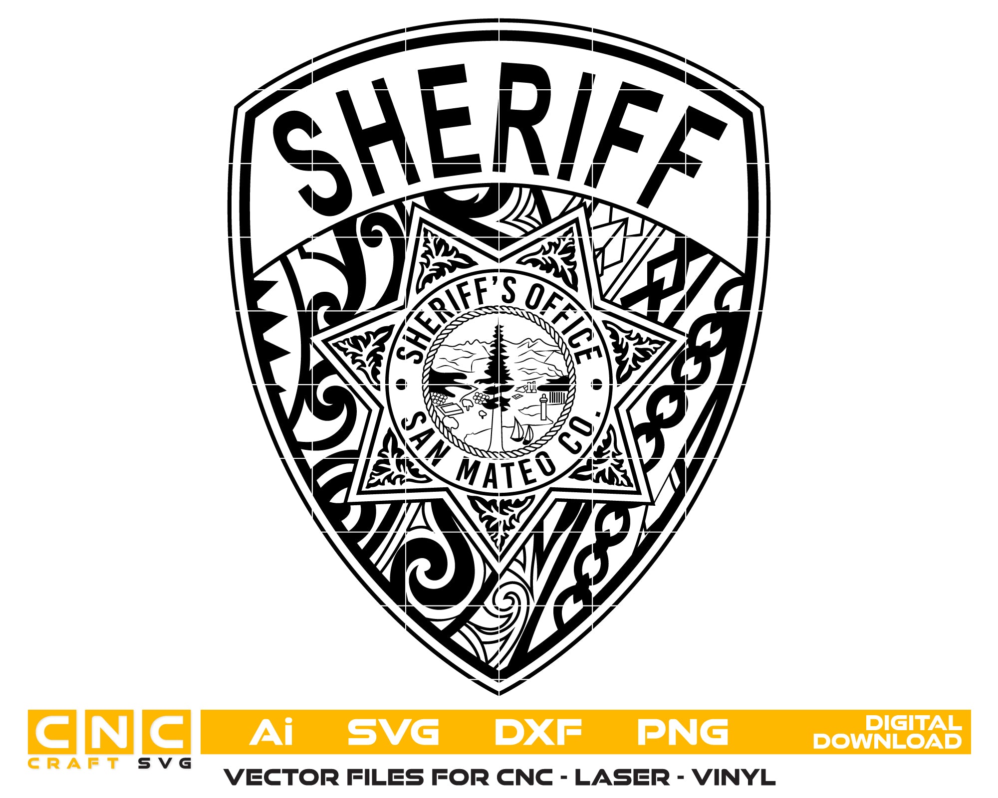 San Mateo County Sheriff Patch SVG

California Law Enforcement Vector

Sheriff Office Star Shield Emblem

Deputy Plaque Engraving File

San Mateo Sign CNC File