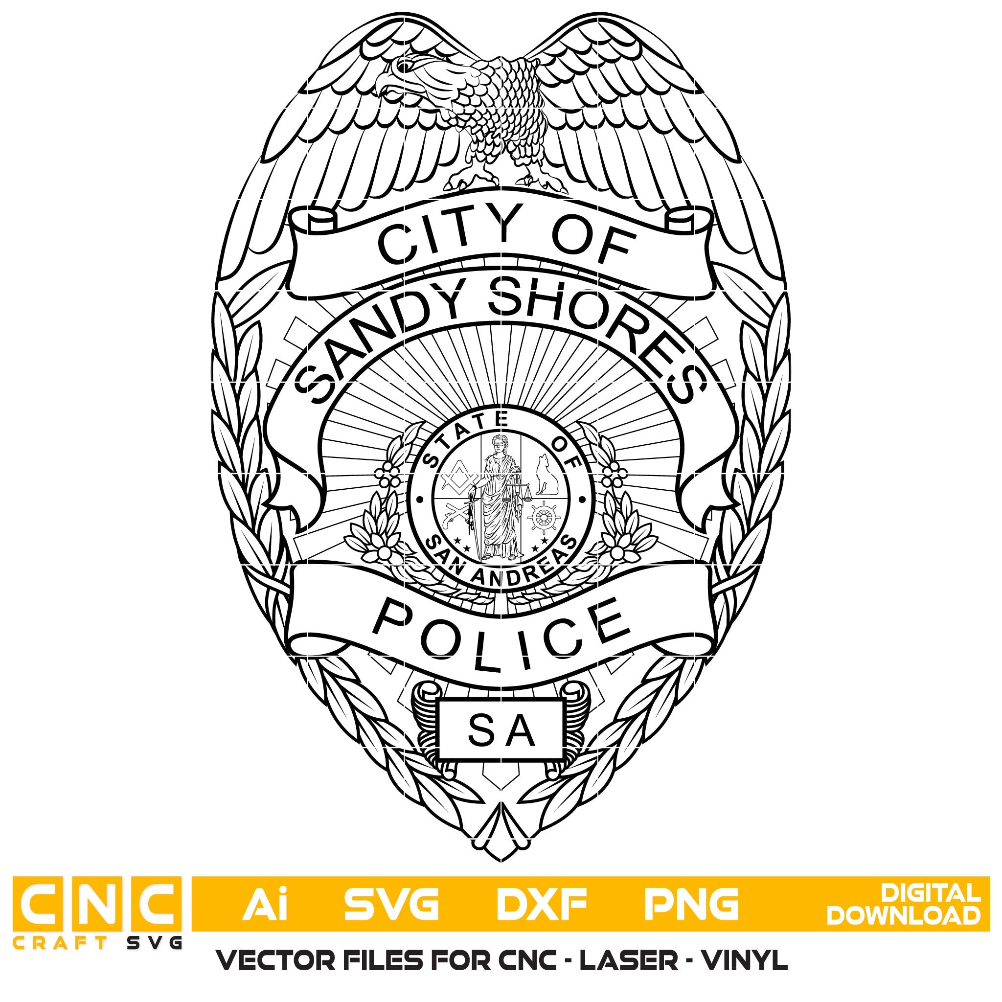 City of Sandy Shores Police Badge SVG for CNC

Sandy Shores PD Shield Vector for Laser Engraving

City of Sandy Shores Police Emblem for Wood Carving

Professional Sandy Shores Law Enforcement Badge Design

Sandy Shores Police SVG Logo for CNC Router Projects