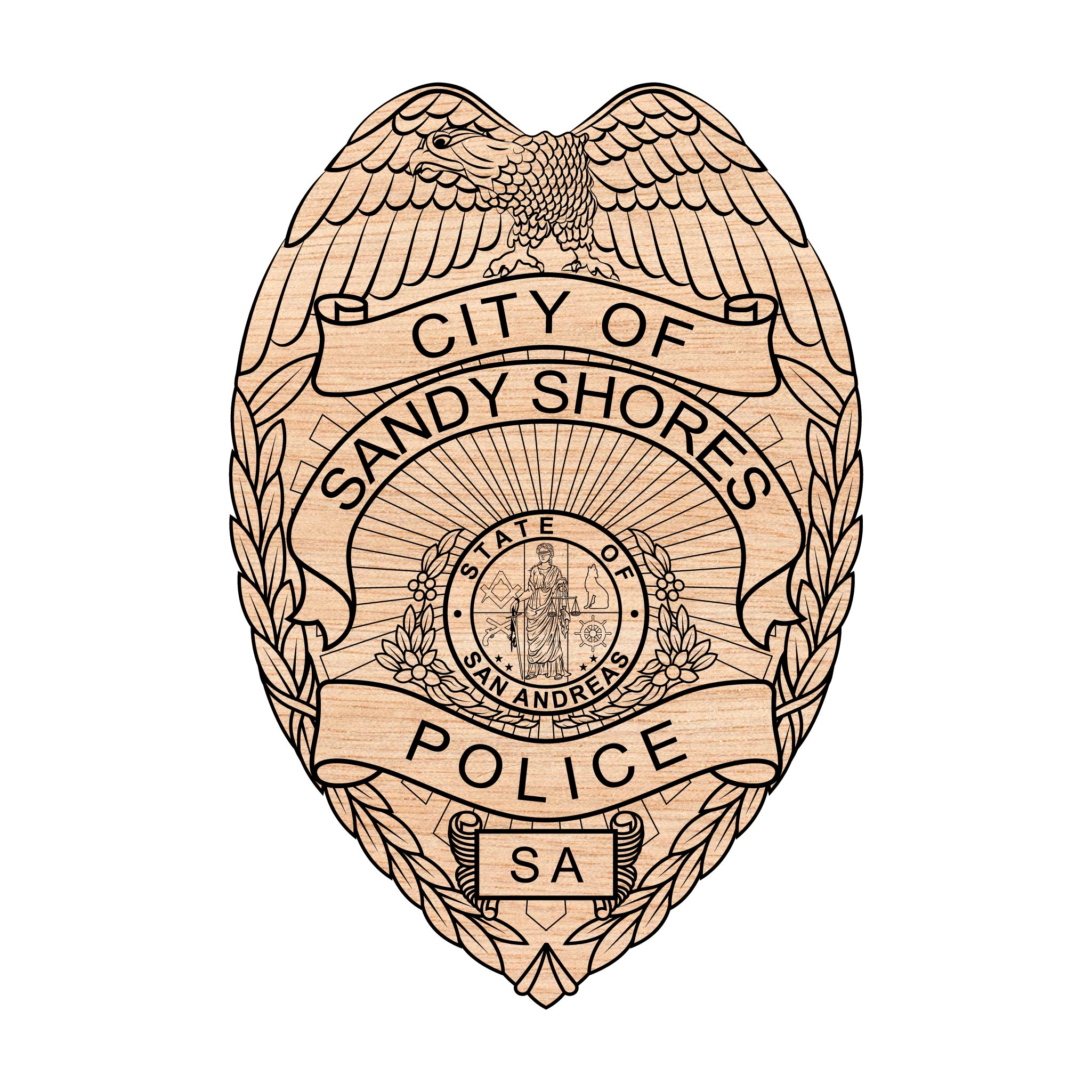 City of Sandy Shores Police Badge SVG for CNC

Sandy Shores PD Shield Vector for Laser Engraving

City of Sandy Shores Police Emblem for Wood Carving

Professional Sandy Shores Law Enforcement Badge Design

Sandy Shores Police SVG Logo for CNC Router Projects