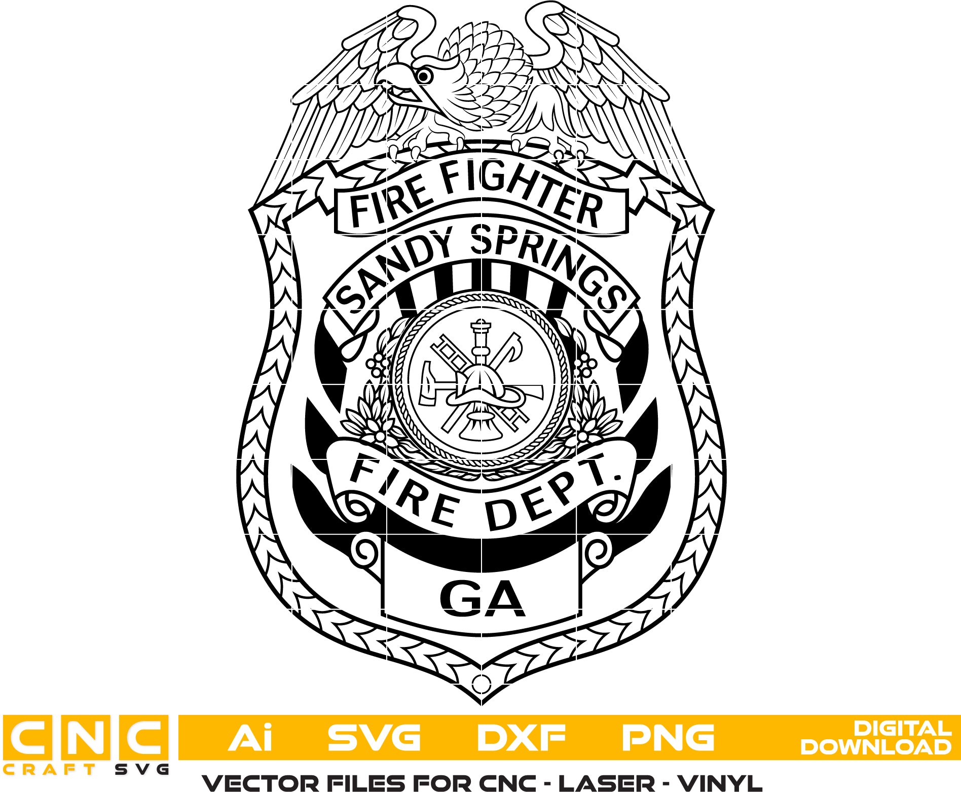 Sandy Springs Fire Department Badge SVG

Georgia Firefighter Vector Design

Eagle Fire Badge Engraving File

Sandy Springs Fire Sign CNC File

Fire Scramble Vector for Laser Cutting
