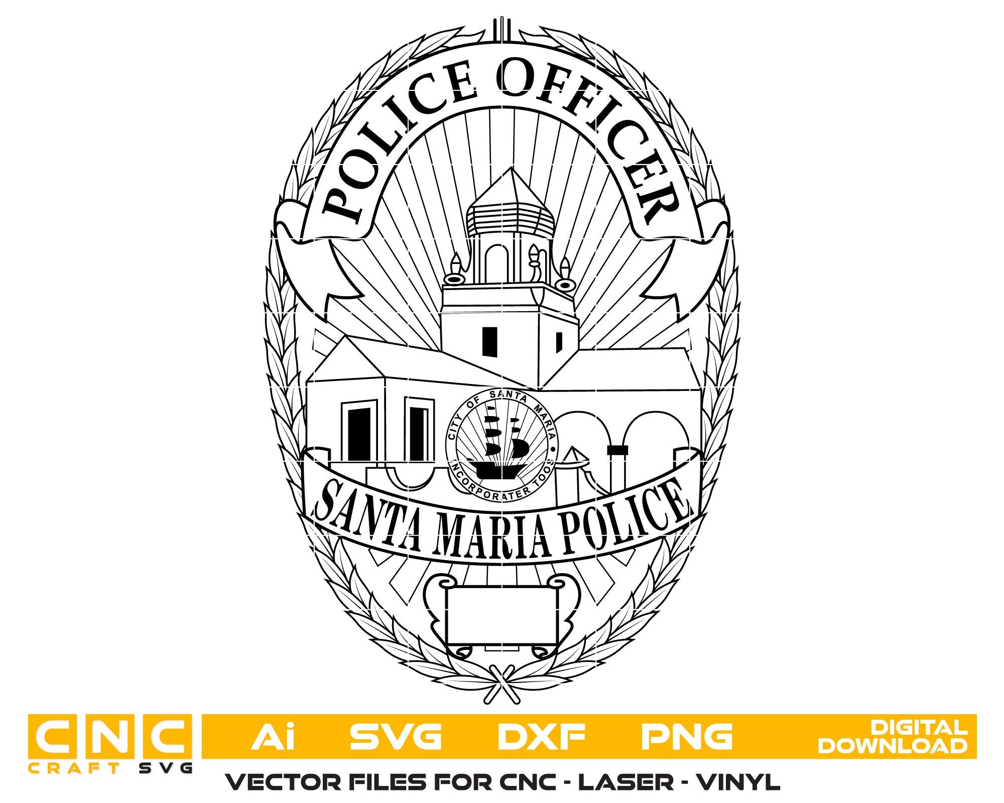 Santa Maria Police Badge SVG

California Law Enforcement Vector

Police Oval Badge Sunburst Emblem

Officer Plaque Engraving File

Santa Maria Police Sign CNC File