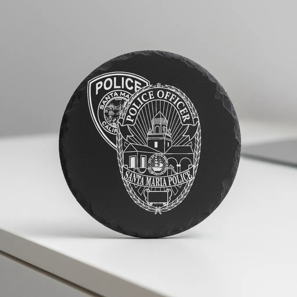 Santa Maria Police Officer Badge SVG

California Law Enforcement Vector Design

Mission Architecture Police Badge Engraving File

Santa Maria CA Police Sign CNC File

Oval Laurel Wreath Badge Vector for Lasers