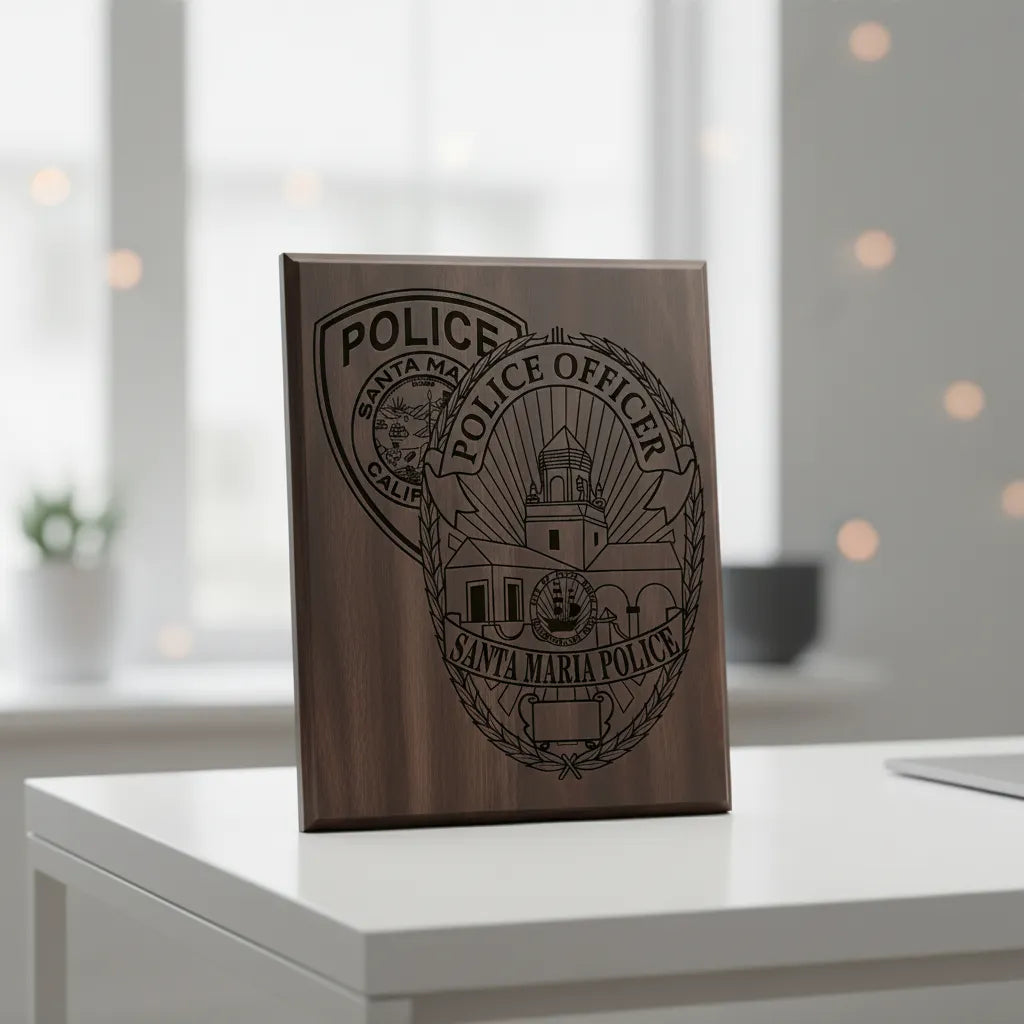 Santa Maria Police Officer Badge SVG

California Law Enforcement Vector Design

Mission Architecture Police Badge Engraving File

Santa Maria CA Police Sign CNC File

Oval Laurel Wreath Badge Vector for Lasers