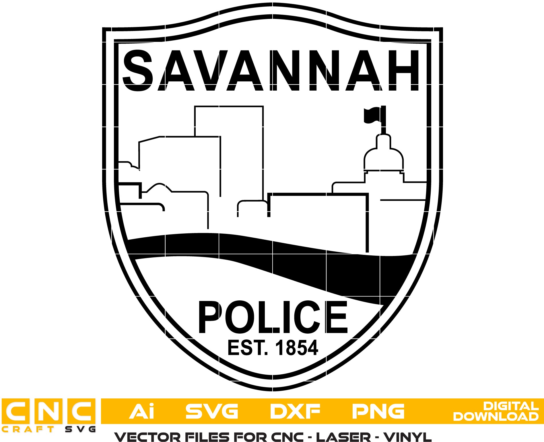 Savannah Police Department Patch SVG

Georgia Law Enforcement Vector Design

Police Skyline Patch Engraving File

Savannah Police Sign CNC File

Police Shield Patch Vector for Laser Cutting