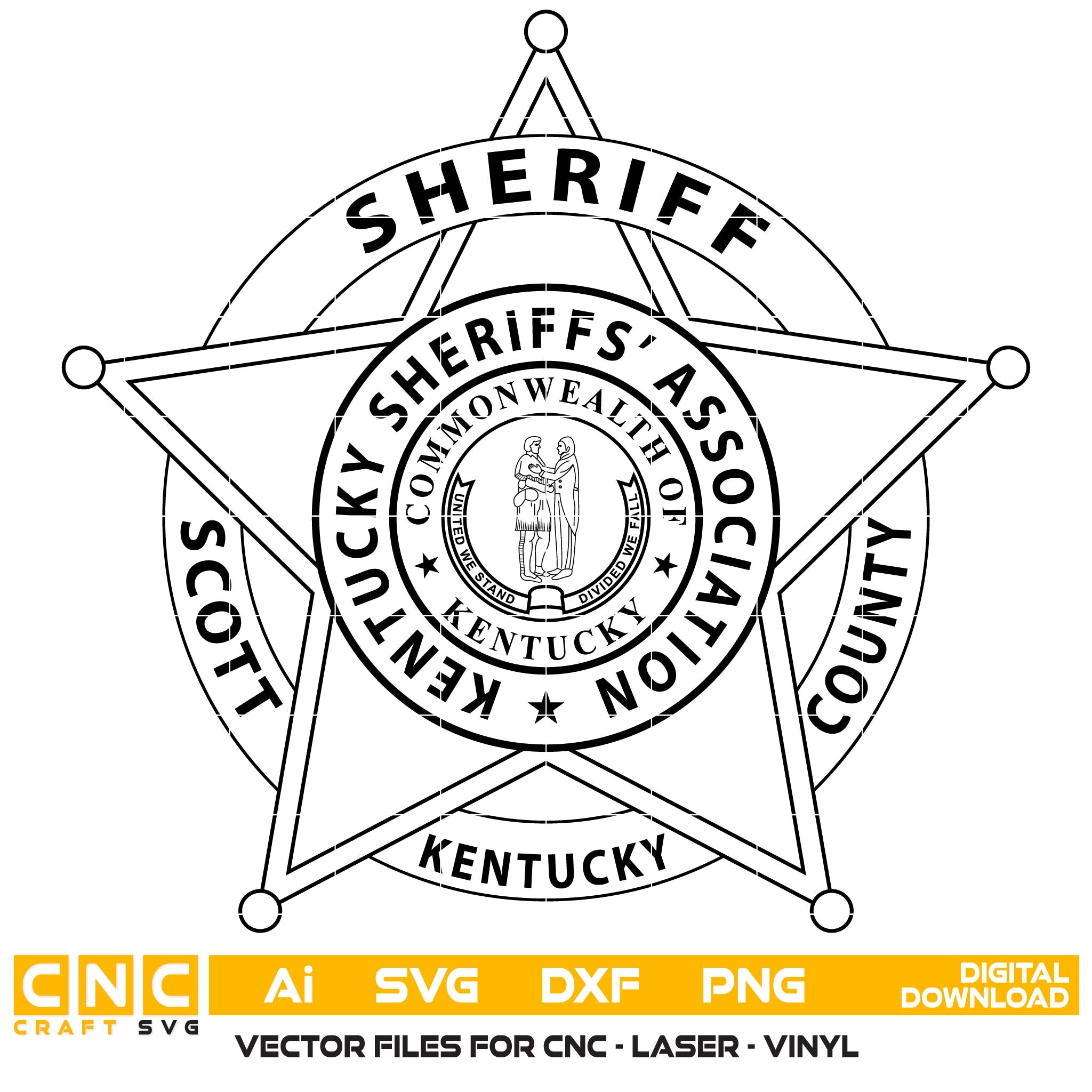 Scott County Sheriff Badge SVG

Kentucky Law Enforcement Vector Design

Sheriff Badge Engraving File

Scott County Sheriff Sign CNC File

5-Point Star Badge Vector for Laser Cutting