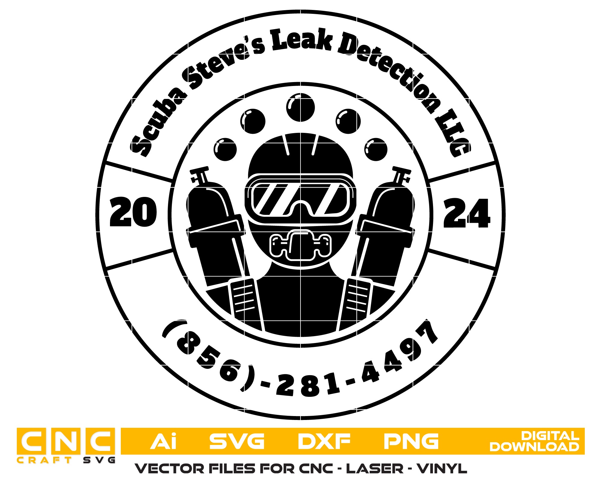 Scuba Steves Leak Detection Logo SVG

Scuba Diver Business Vector

Leak Detection Company Emblem

Business Sign Engraving File

Custom Company Logo CNC File