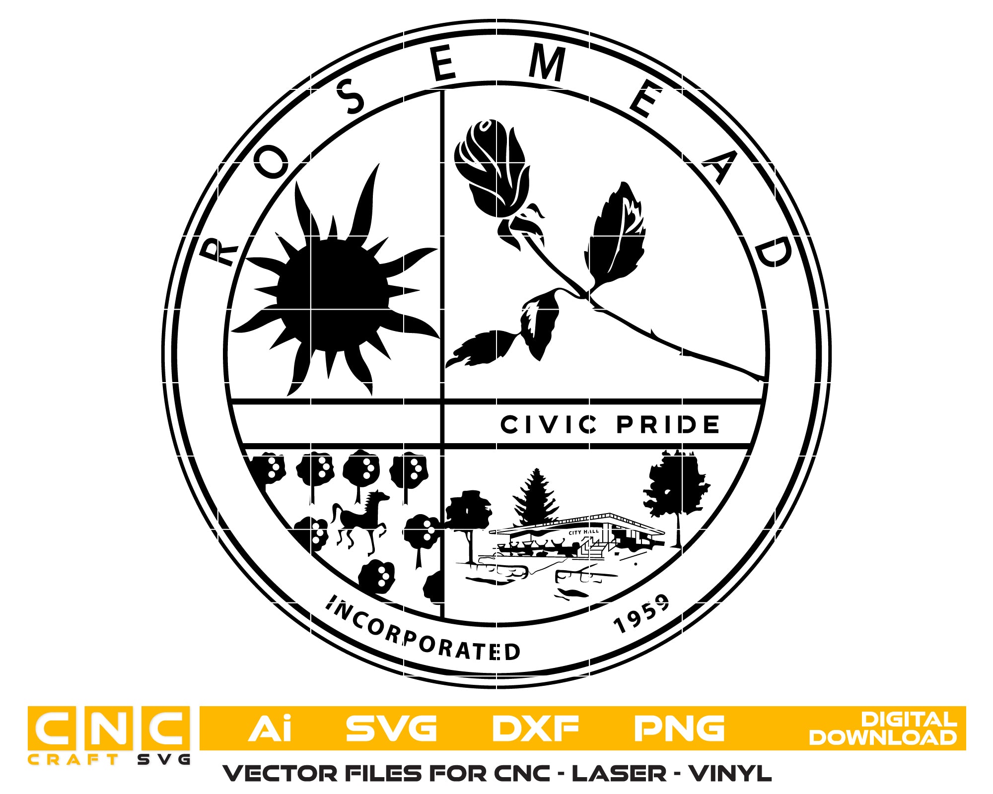 Seal of the City of Rosemead SVG

California Municipal Vector Design

City Seal Engraving File

Rosemead Civic Pride Sign CNC File

City Emblem Vector for Laser Cutting
