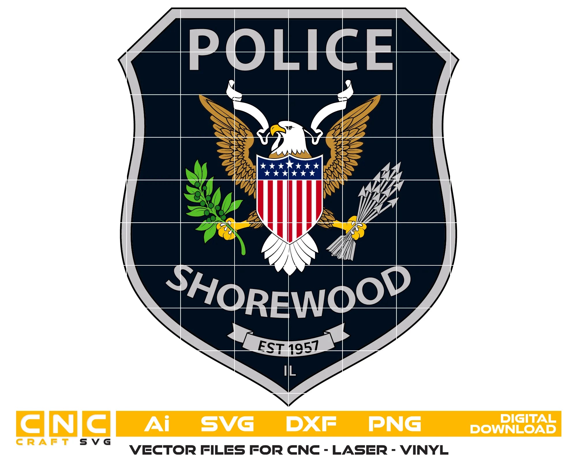 Shorewood Police Department Patch SVG

Illinois Law Enforcement Vector

Police Shield Eagle Flag Emblem

Officer Plaque Engraving File

Shorewood Police Sign CNC File