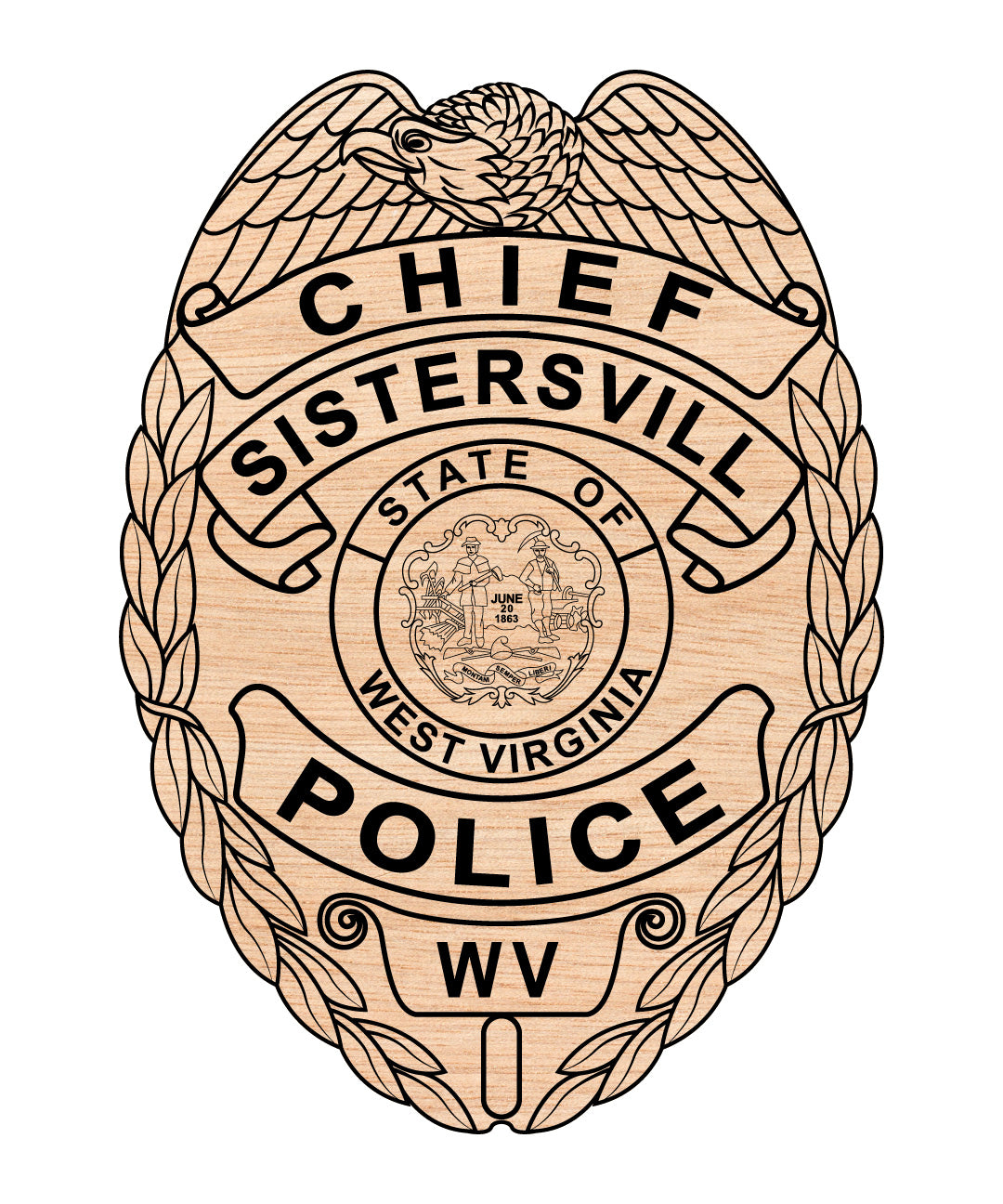 Sistersville West Virginia Police Chief Badge SVG, Sistersville Police Chief Badge Vector, WV Police Chief Badge SVG, Law Enforcement Chief Badge Emblem, Police Shield Vector, Badge Engraving File