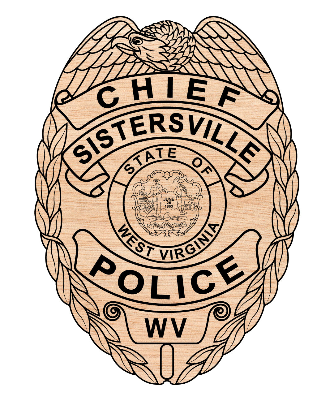Sistersville West Virginia Police Chief Badge SVG, Sistersville Police Chief Badge Vector, WV Police Chief Badge SVG, Law Enforcement Chief Badge Emblem, Police Shield Vector, Badge Engraving File