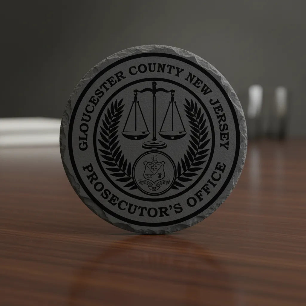 Round stone with 'Gloucester County New Jersey Prosecutor's Office' emblem on a wooden surface.