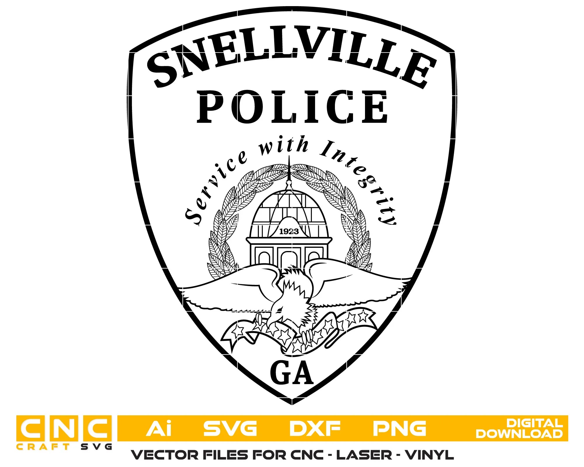 Snellville Police Patch SVG

Georgia Law Enforcement Vector

Police Shield Eagle Emblem

Officer Plaque Engraving File

Snellville Police Sign CNC File