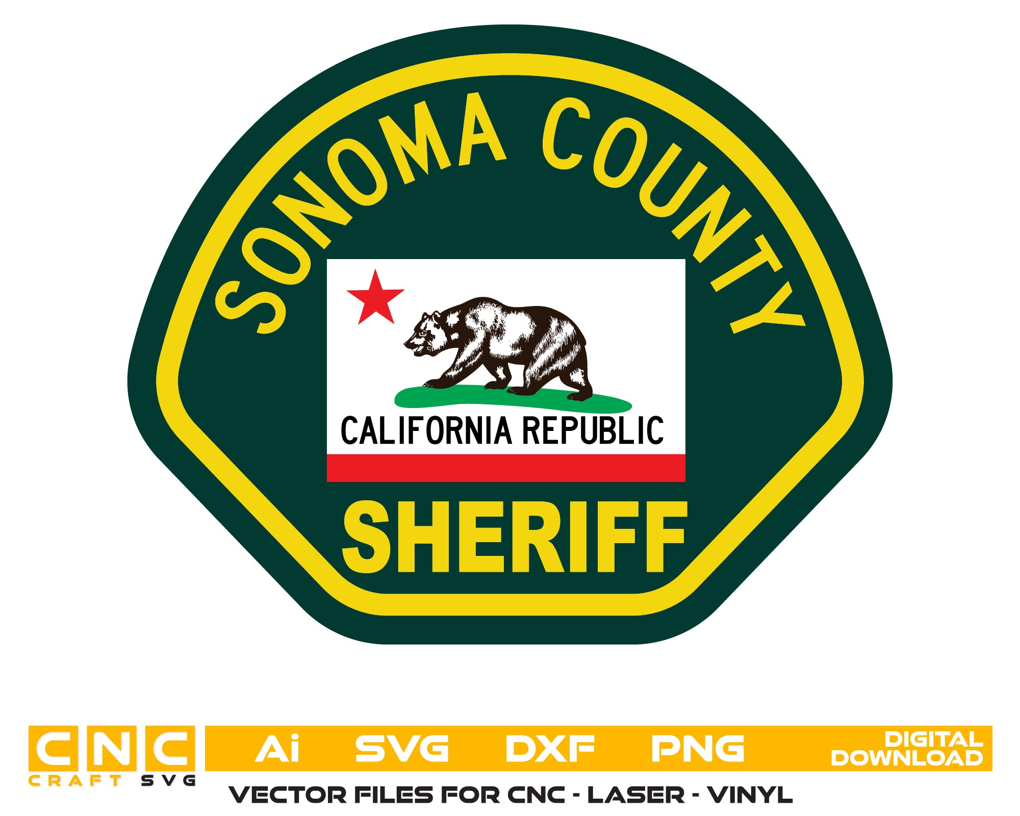 Sonoma County Sheriff Patch SVG

California Republic Bear Vector Design

Sheriff Office Patch Engraving File

Sonoma County Law Enforcement CNC File

California Sheriff Badge Vector for Laser
