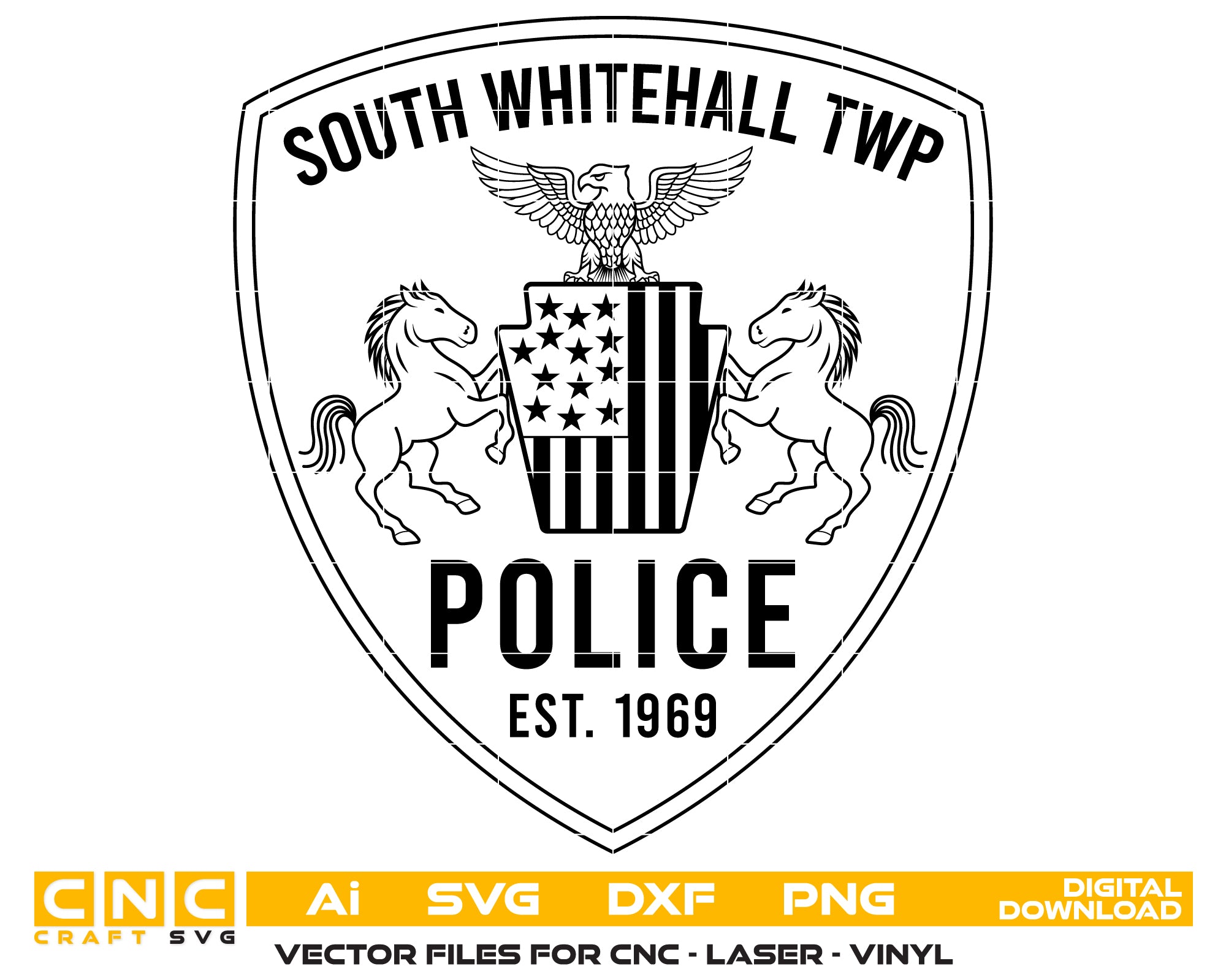 South Whitehall Township Police Patch SVG

Pennsylvania Keystone Law Enforcement Vector

Eagle and Horses Police Emblem Engraving File

South Whitehall TWP Shield Sign CNC File

Police Patch Vector for Lasers