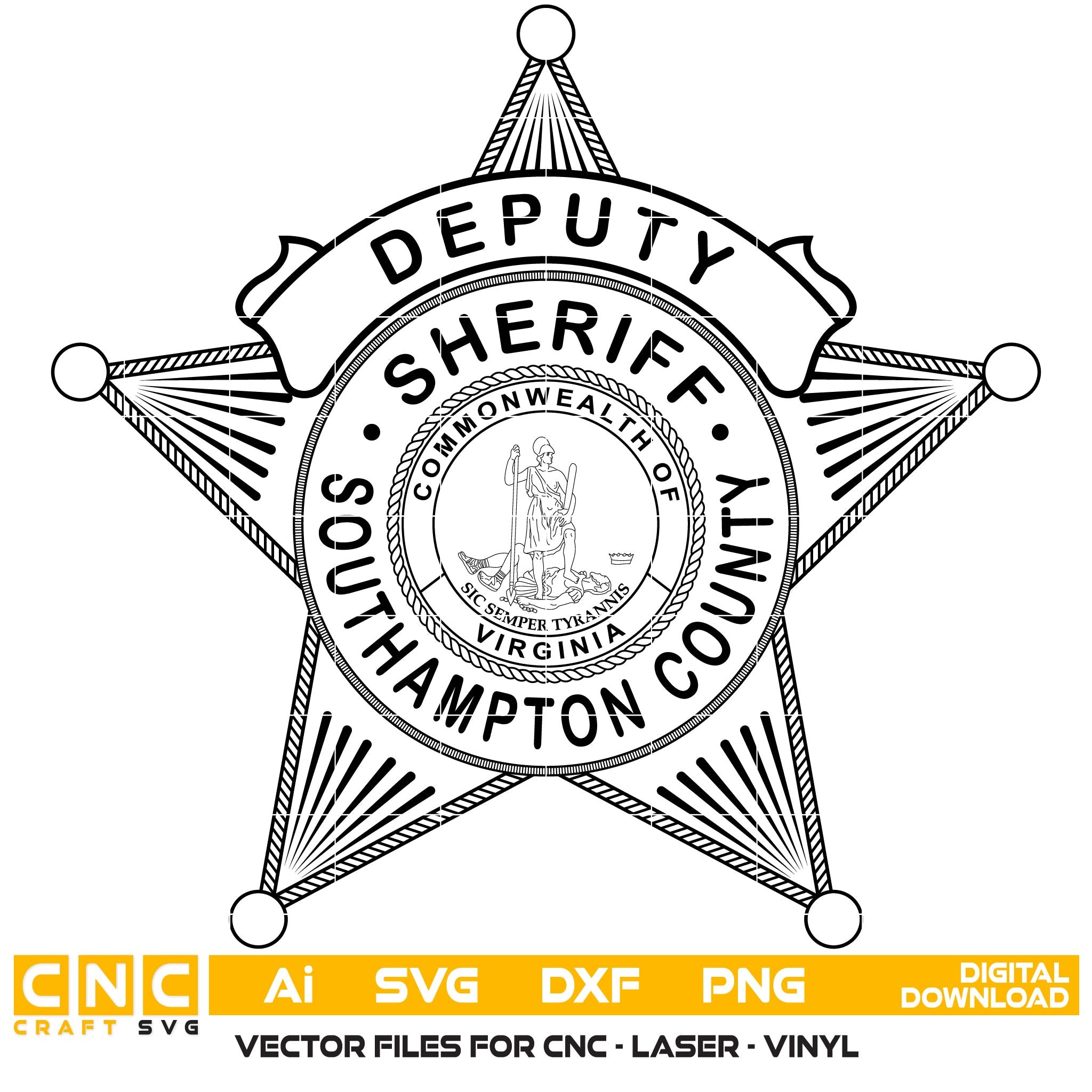 Southampton County Deputy Sheriff Badge SVG

Virginia Law Enforcement Vector Design

Deputy Sheriff Badge Engraving File

Southampton County VA Sign CNC File

Virginia State Seal Badge Vector for Lasers