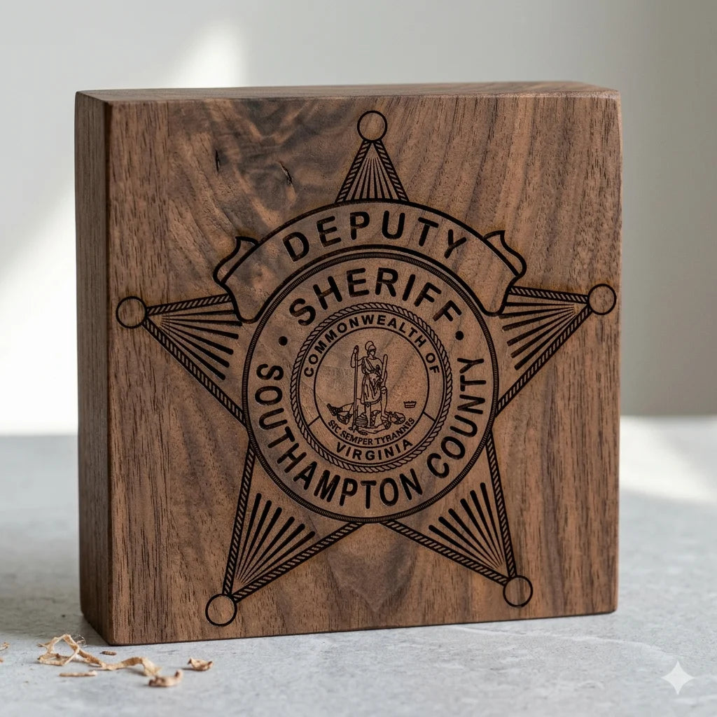 Southampton County Deputy Sheriff Badge SVG

Virginia Law Enforcement Vector Design

Deputy Sheriff Badge Engraving File

Southampton County VA Sign CNC File

Virginia State Seal Badge Vector for Lasers