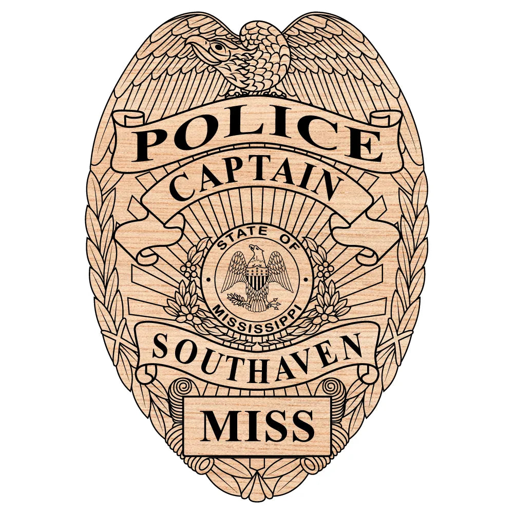 Southaven Police Captain Badge SVG

Mississippi Law Enforcement Vector

Police Captain Badge Engraving File

Southaven Police Sign CNC File

Captain Badge Vector for Laser Cutting